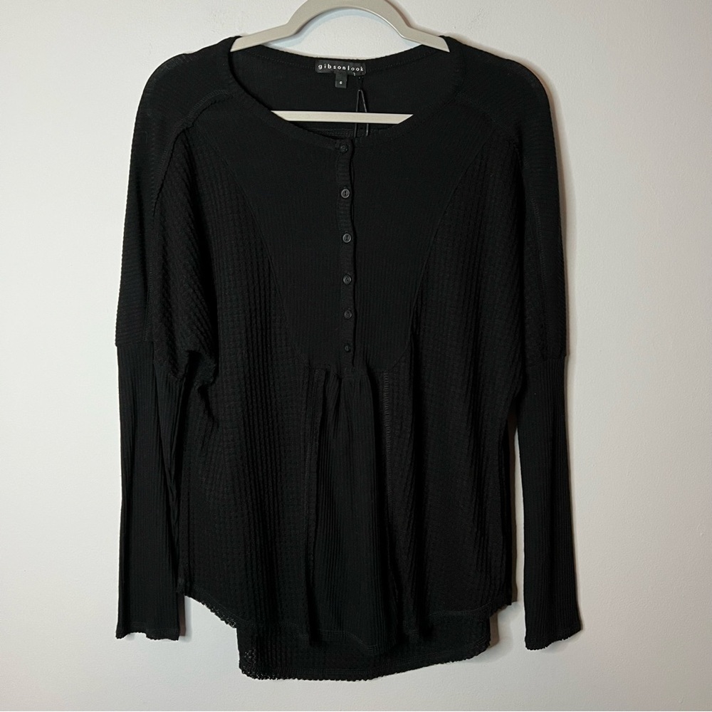 Women’s new Gibson look black waffle knit long sleeve blouse size small S
